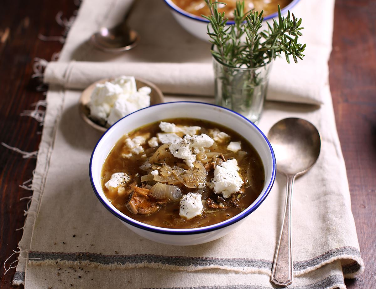 Porcini & Onion Soup with Sheep's Cheese