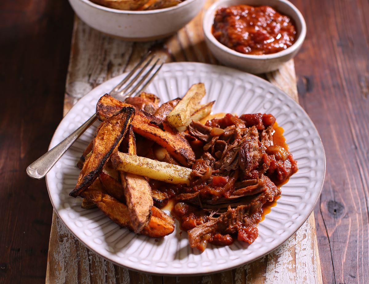 Barbecue Pulled Lamb with Sweet Potato Chips