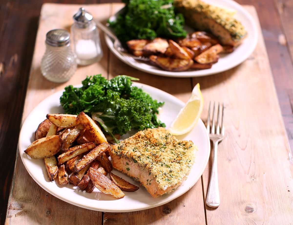 Parsley & Lemon Crumbed Salmon with Chips