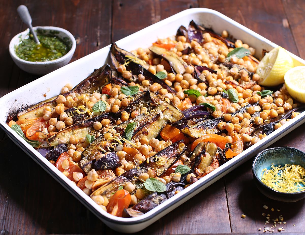 Harissa Roasted Aubergine & Chickpea Tray Bake