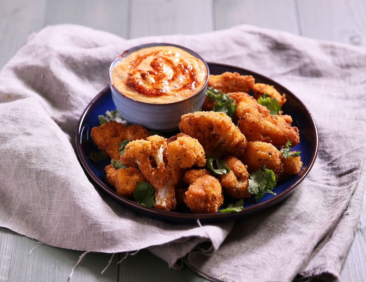 Cauliflower Popcorn with Harissa Mayo