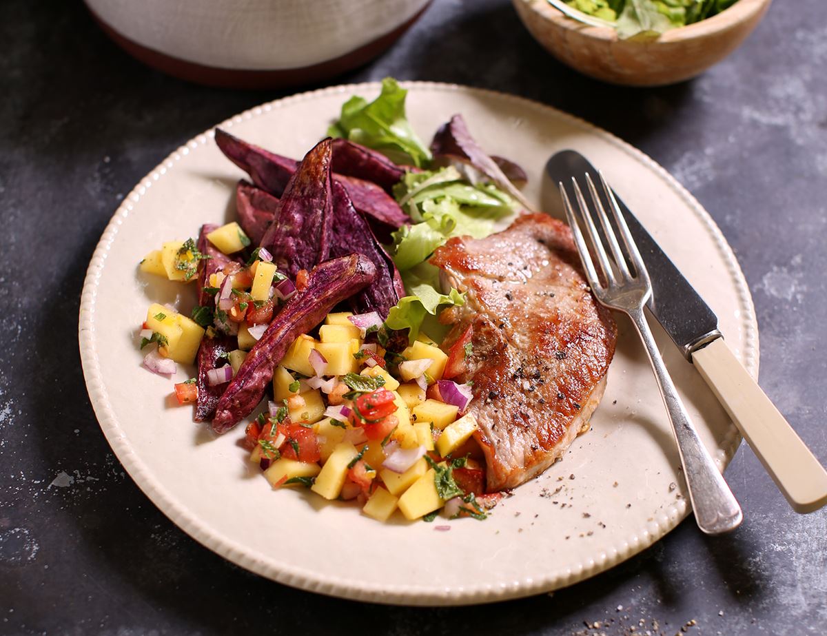 Pork Escalopes with Purple Sweet Potato Wedges & Mango Salsa