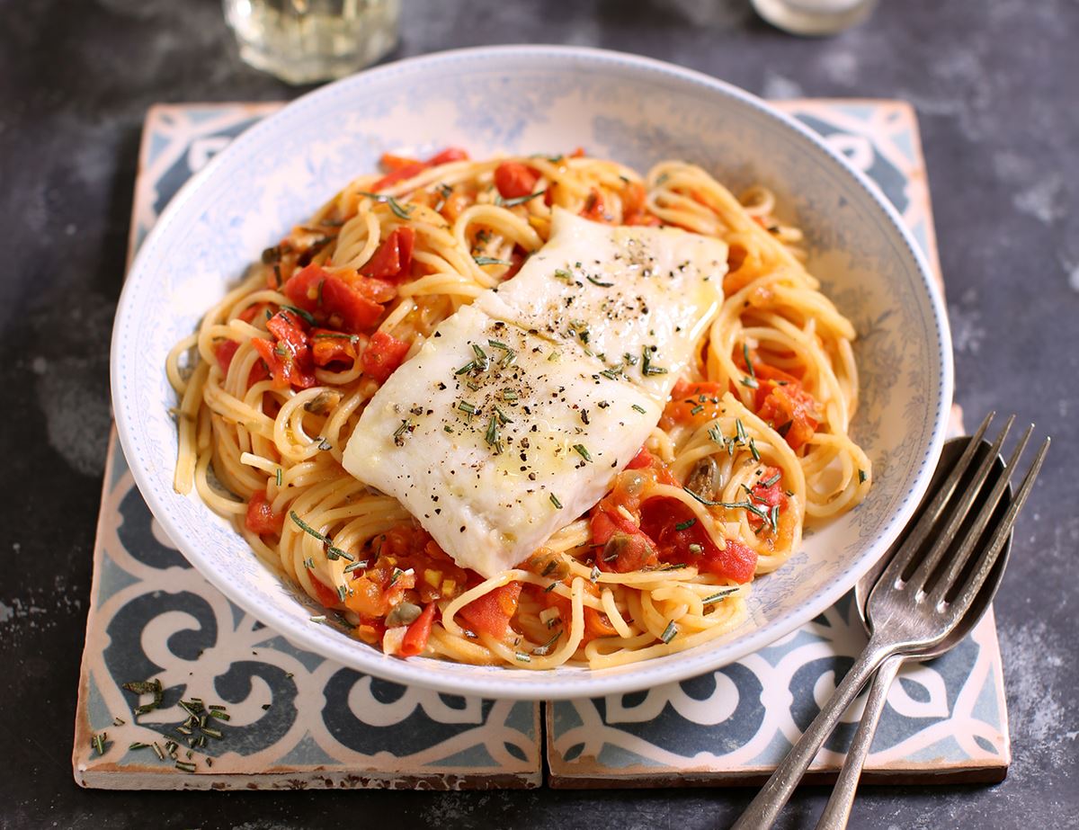 Grilled Hake with Spicy Tomato Spaghetti