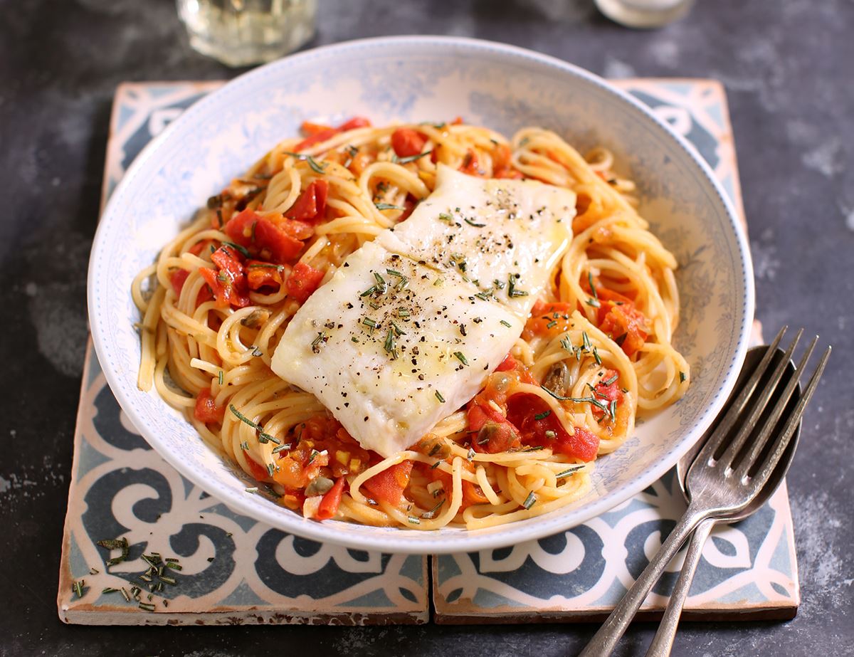 Grilled Hake with Spicy Tomato Spaghetti