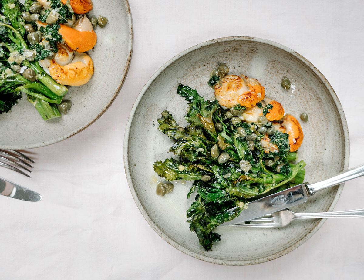 Pan Fried Scallops With Purple Sprouting Broccoli & Lemon, Caper, Parsley Butter