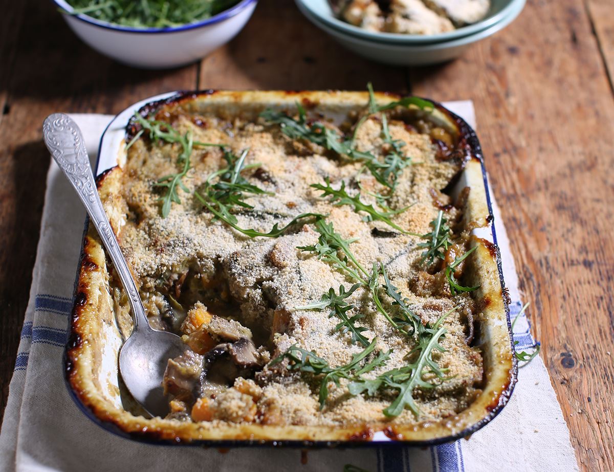 Cheesy Cheddar, Sweet Potato & Mushroom Bake