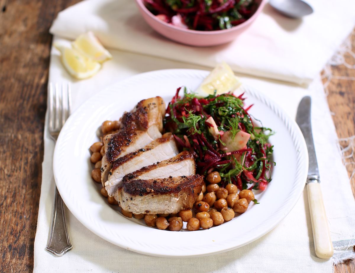 Pork Loin Steaks with Rainbow Root Slaw