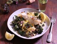 Pollack with Garlicky Kalettes® & Spaghetti