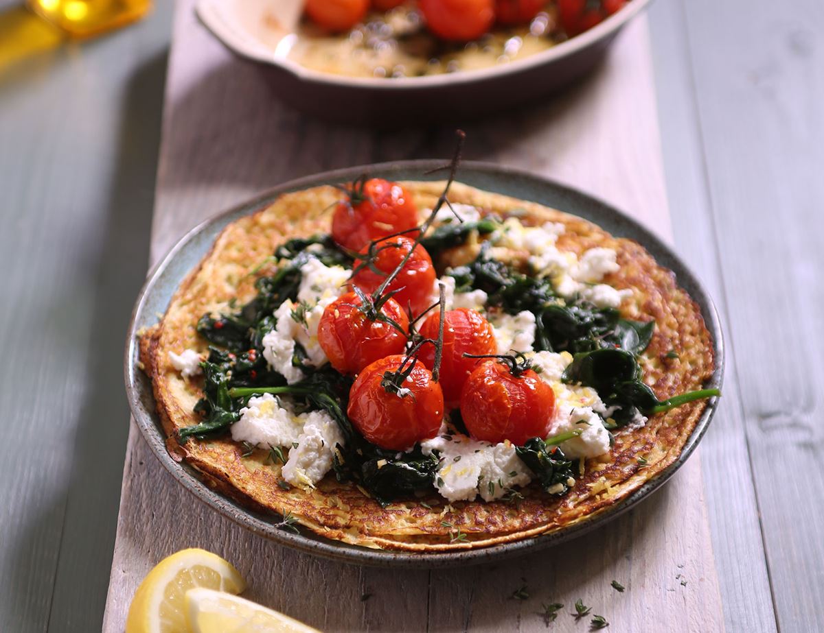 Pancakes with Roast Tomatoes, Spinach & Ricotta
