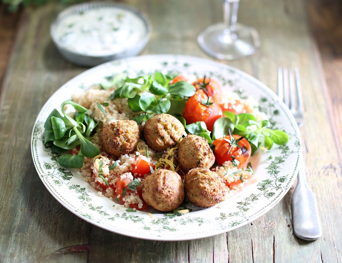 Falafels with Minty Yogurt & Couscous Salad