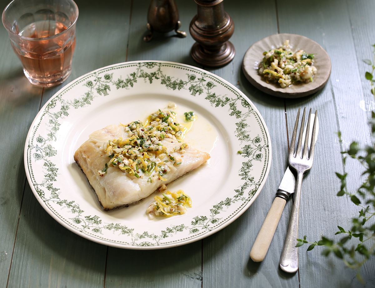 Grilled Smoked Haddock with Lemon & Almond Salsa Verde