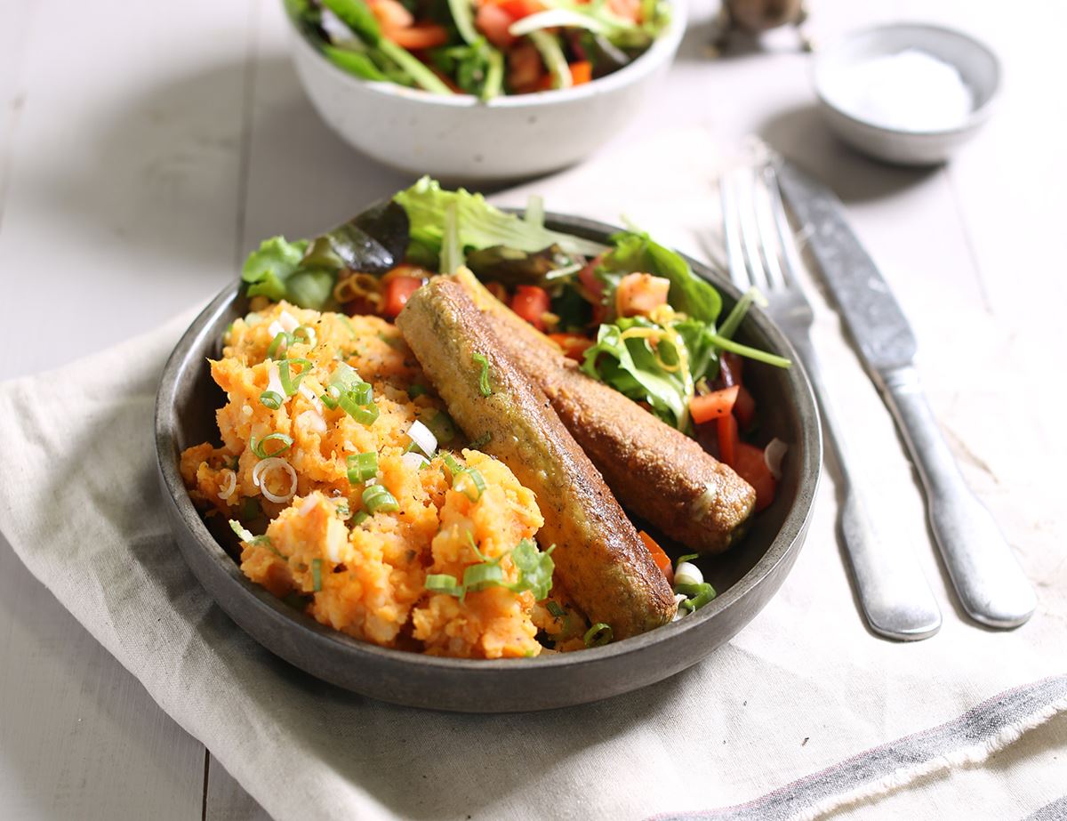 Tofu Sausages with Sweet Potato Champ