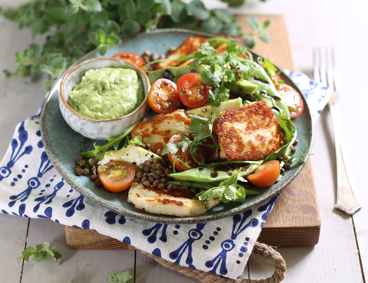 Grilled Halloumi & Bean Salad with Avocado Dressing