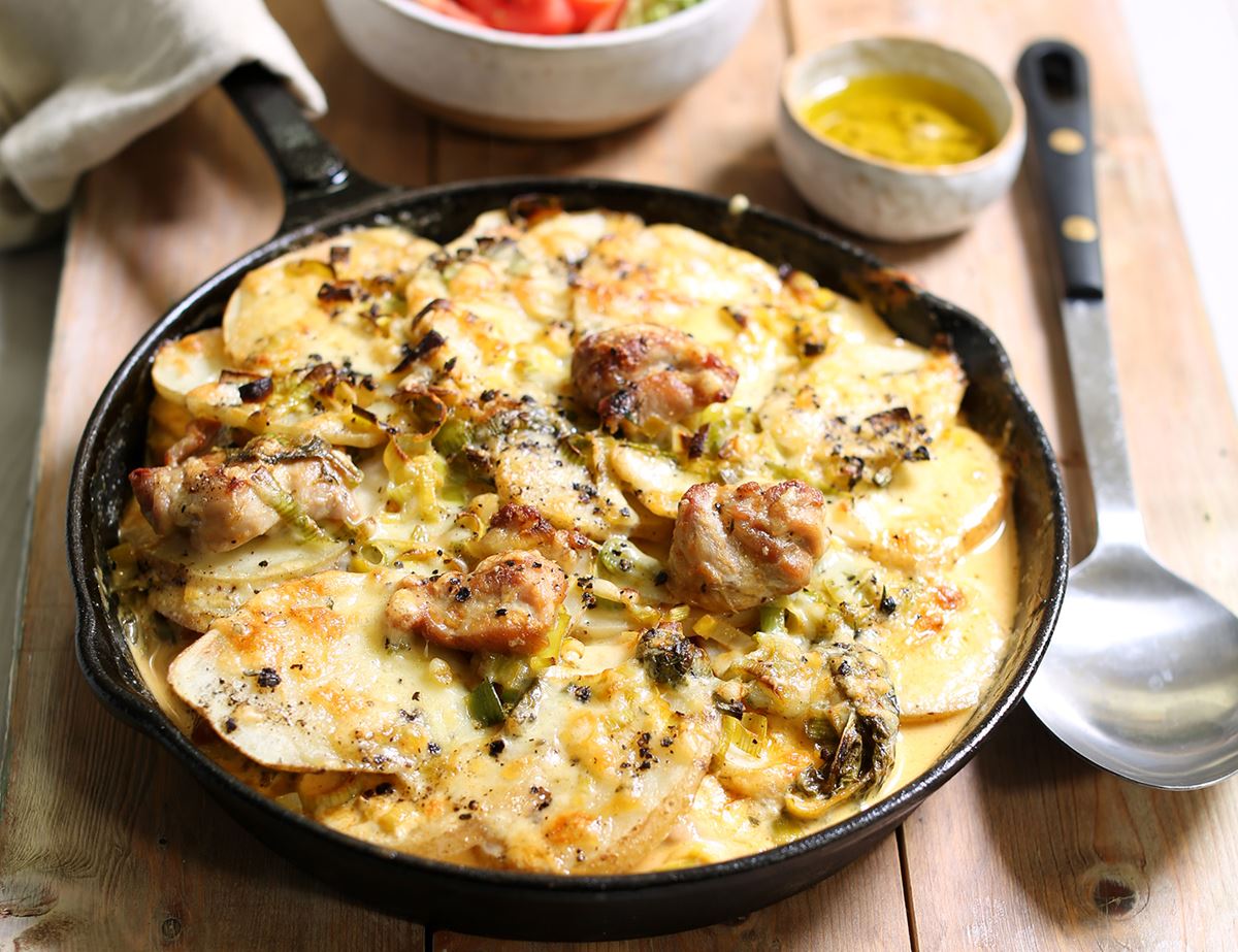 Cheesy Chicken, Sorrel & Potato Gratin