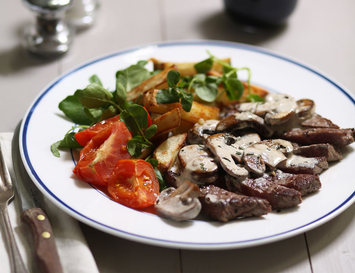 Minute Steaks & Chips with Creamed Mushrooms