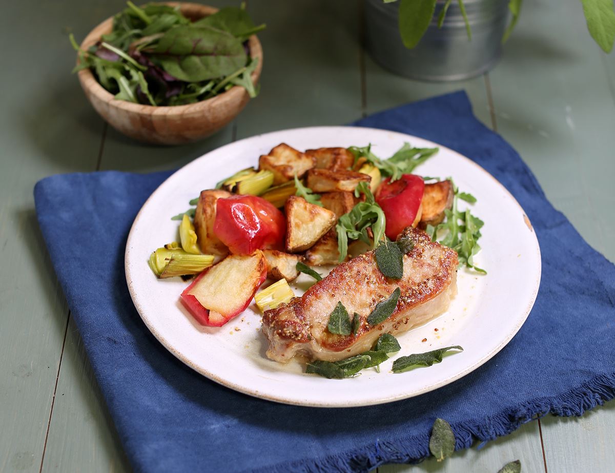 Pork Steaks with Roast Apples & Potatoes