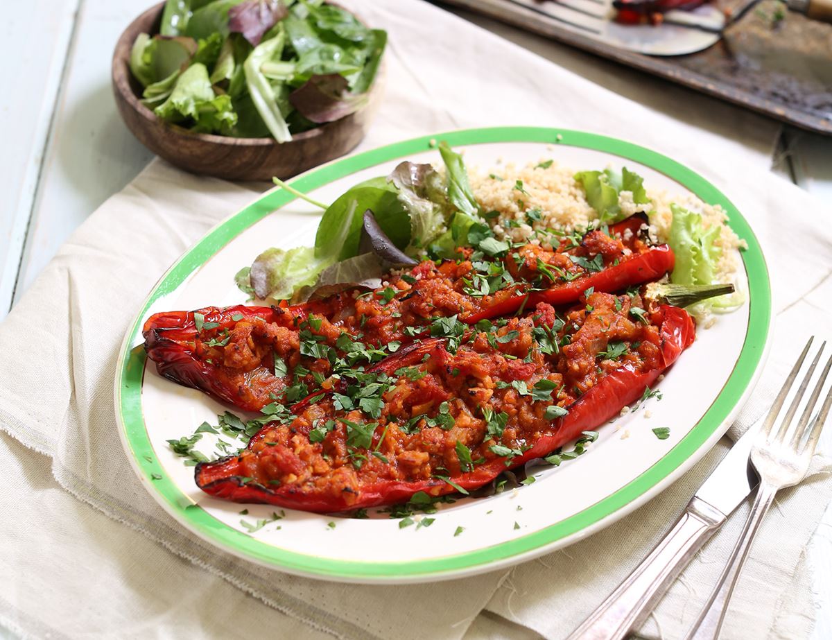 Vegan Bolognese Stuffed Peppers with Couscous