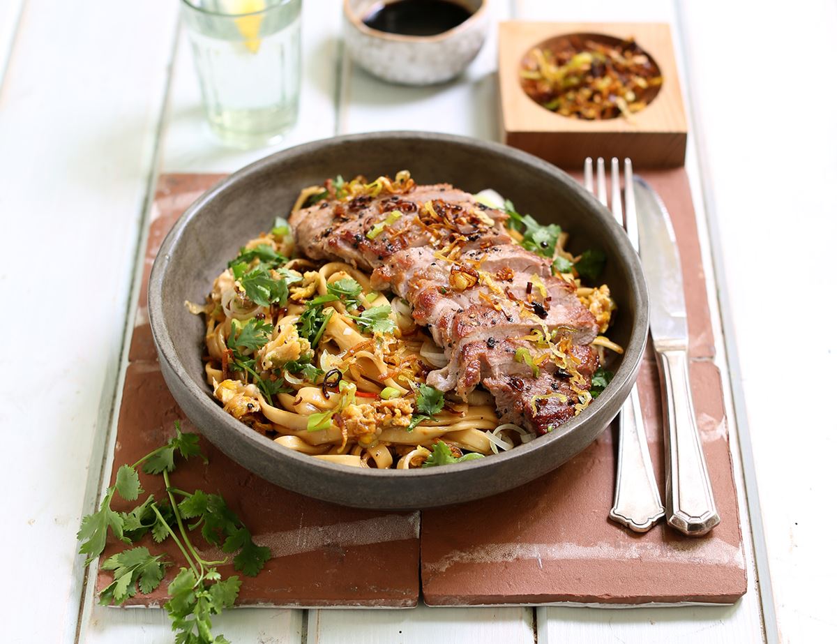 Grilled Pork with Sesame Egg Fried Noodles