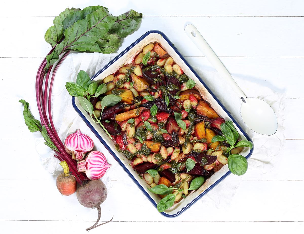 Gnocchi with Roast Rainbow Beetroot & Pesto