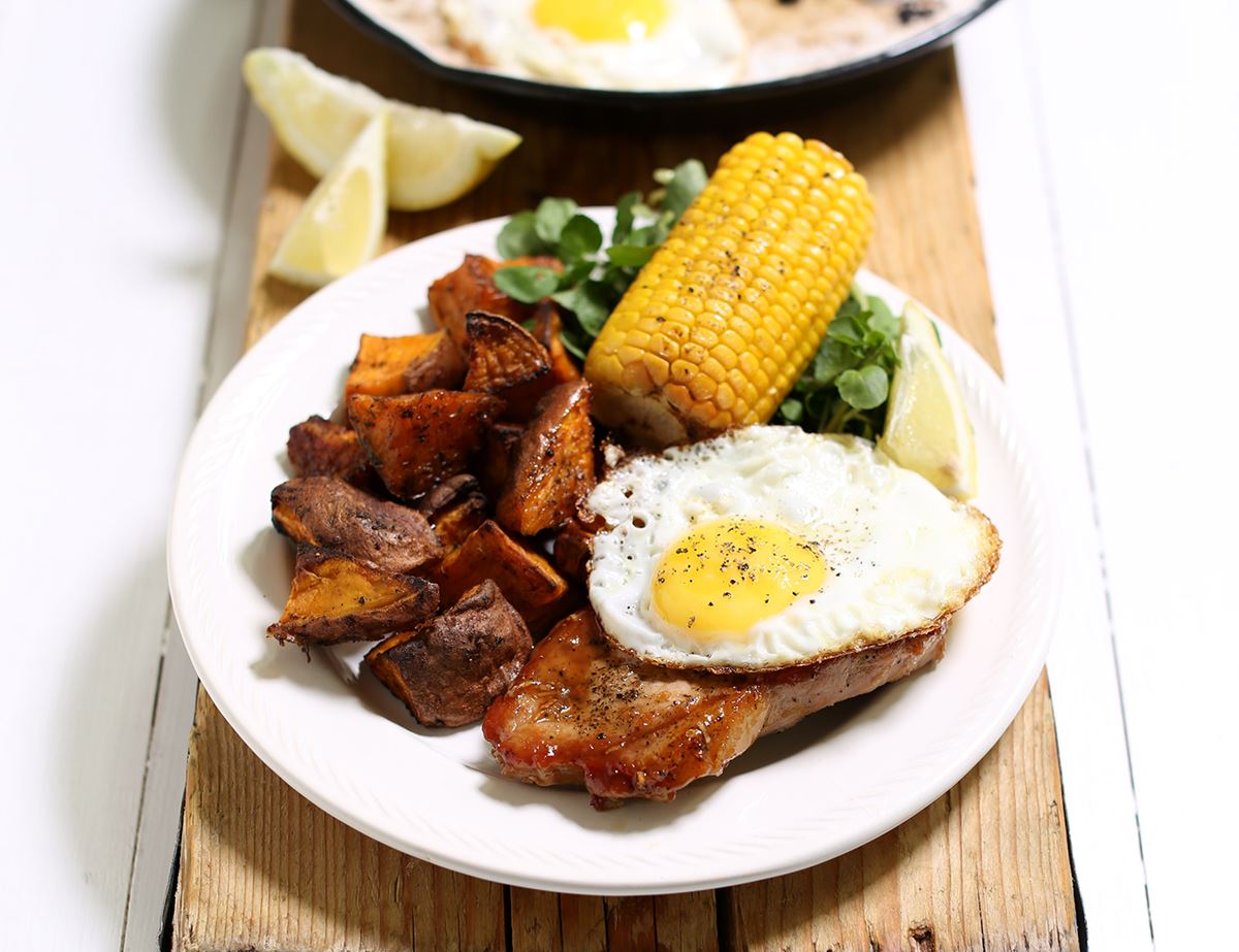 Maple Pork Escalopes, Sweet Potato Chips & Fried Eggs