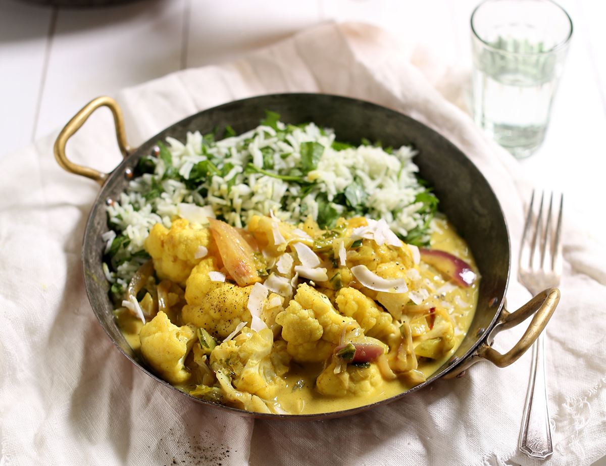 Coconut Cauliflower Korma with Spinach Rice