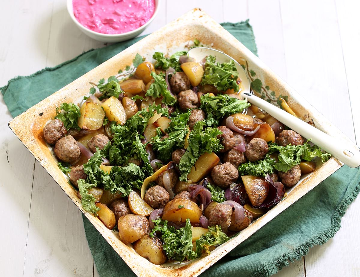 Spiced Lamb Meatball Roast with Beet-tziki