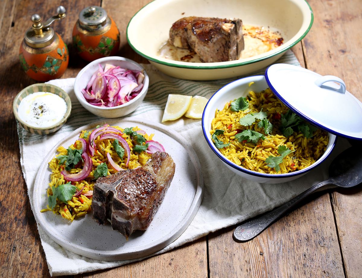 Griddled Mutton Chops with Turmeric & Coriander Rice