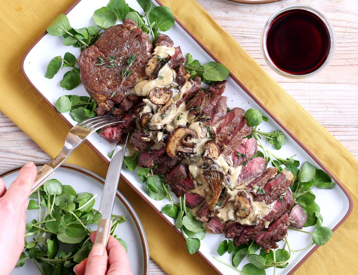 Rib-Eye Steaks with Roast Mushroom Sauce