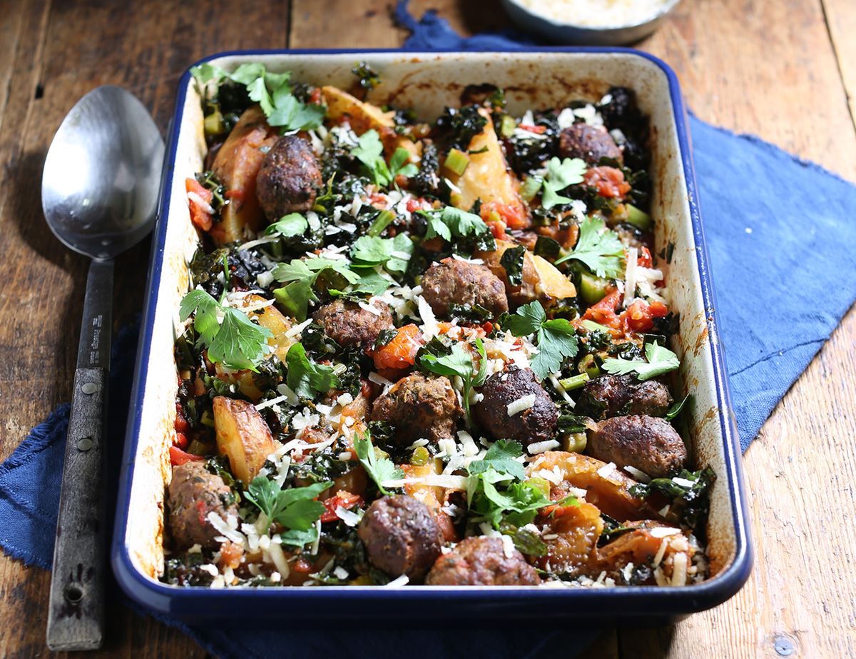 Saucy Meatball & Potato Tray Bake Recipe | Abel & Cole