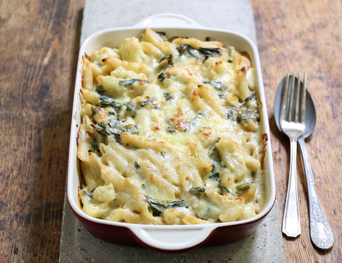 Cheddar, Cauliflower & Spinach Pasta Gratin