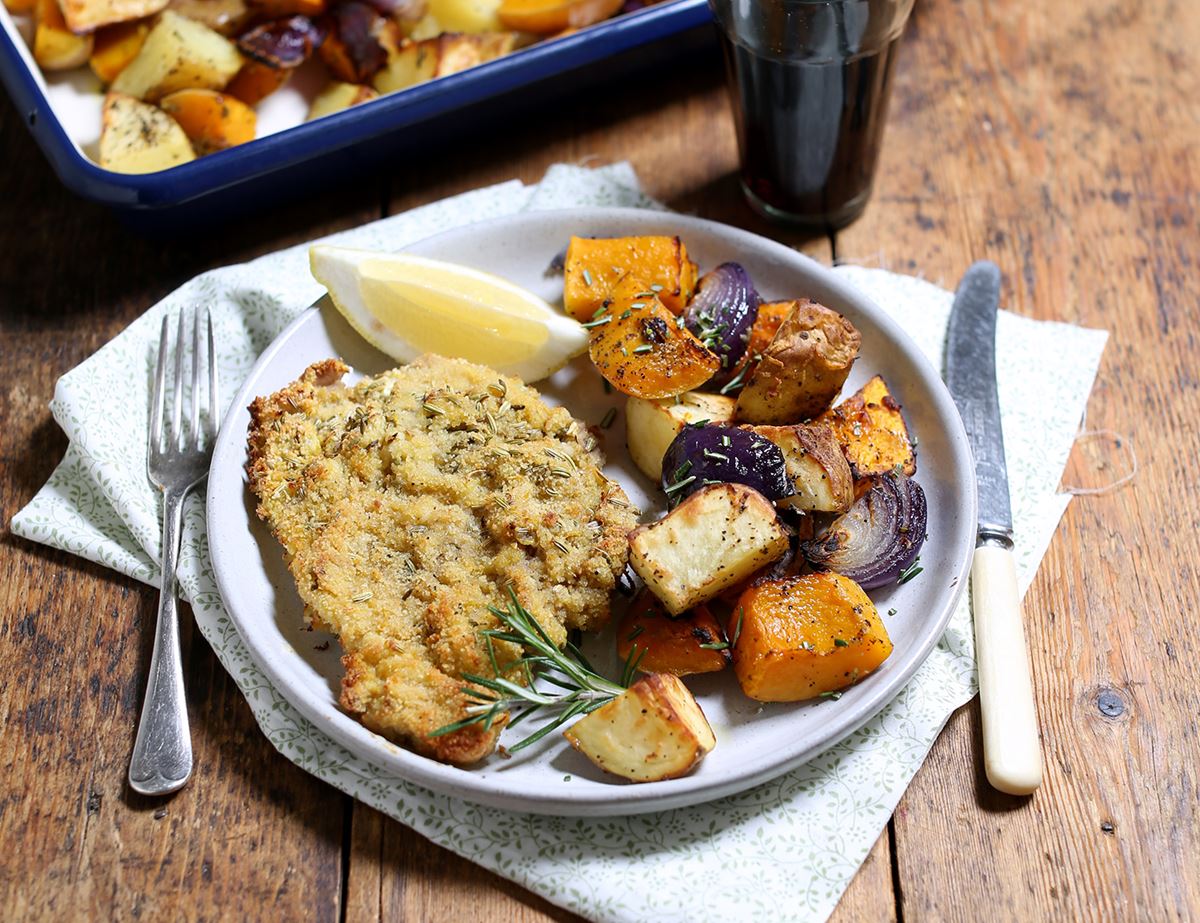 Oven Baked Pork Schnitzel with Rosemary Roasties