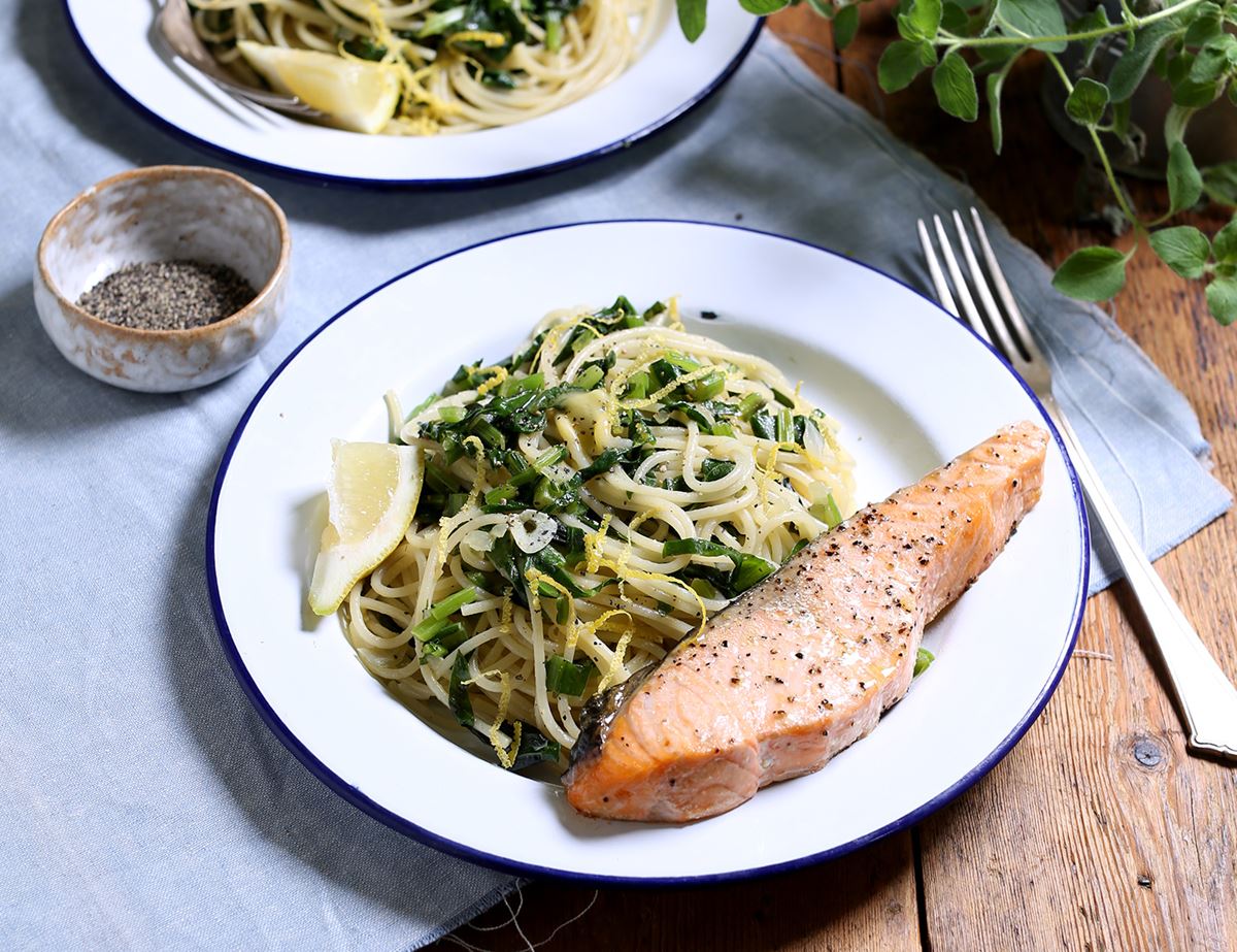 Roast Salmon with Buttery Spinach Spaghetti