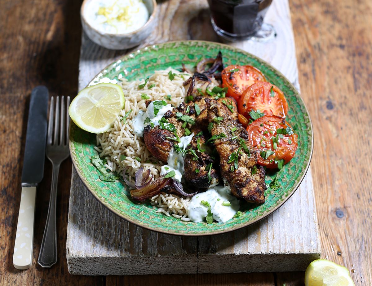 Grilled Moroccan Spiced Chicken with Yogurt Sauce & Rice