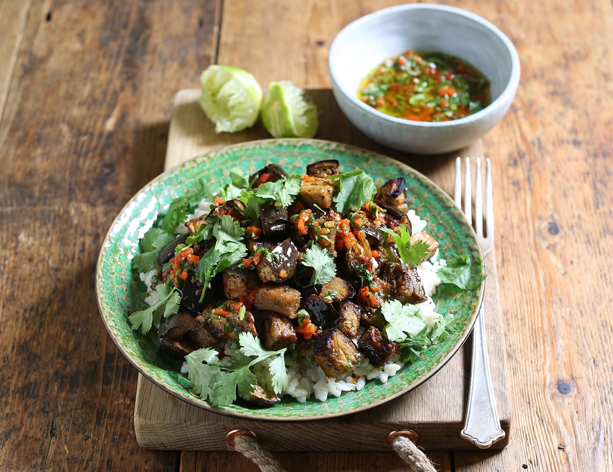 Jerk Grilled Aubergines with Sticky Coconut Rice