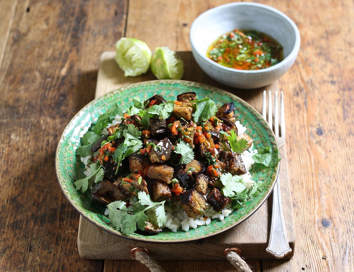 Jerk Grilled Aubergines with Sticky Coconut Rice