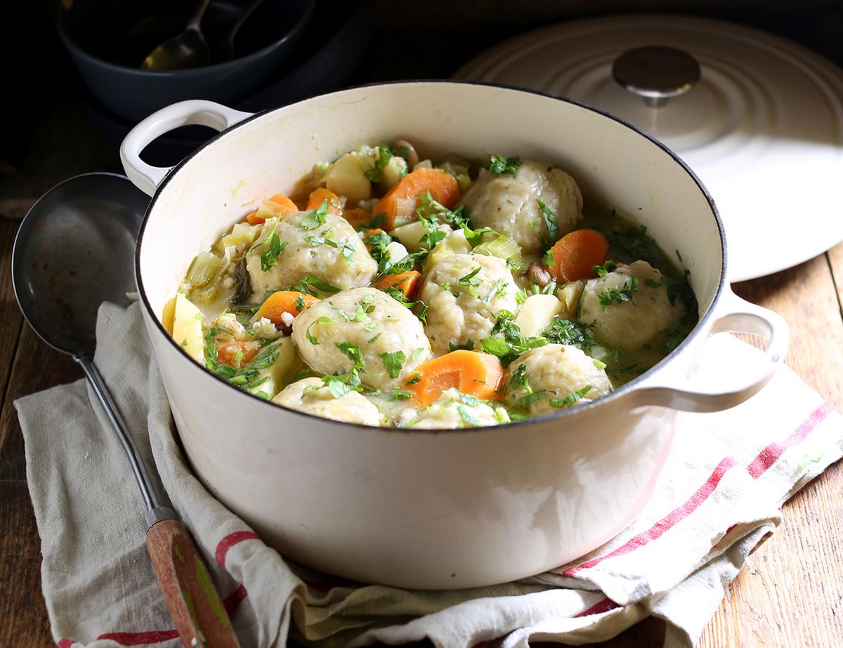 Winter Vegetable Stew With Herby Cheese Dumplings