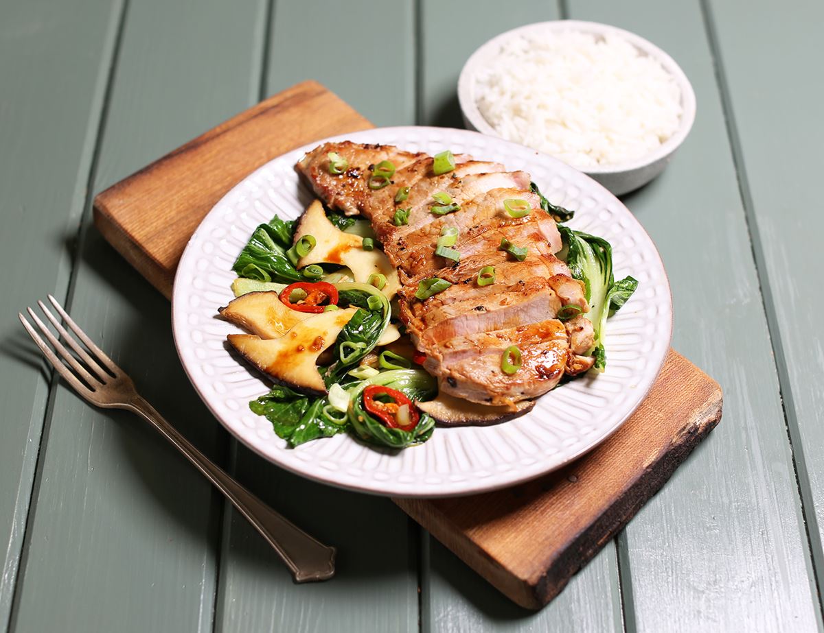 Pork Escalopes with King Oyster Mushrooms & Pak Choi 