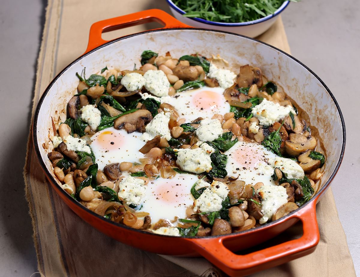 Cheesy Mushroom & Butter Bean Baked Eggs