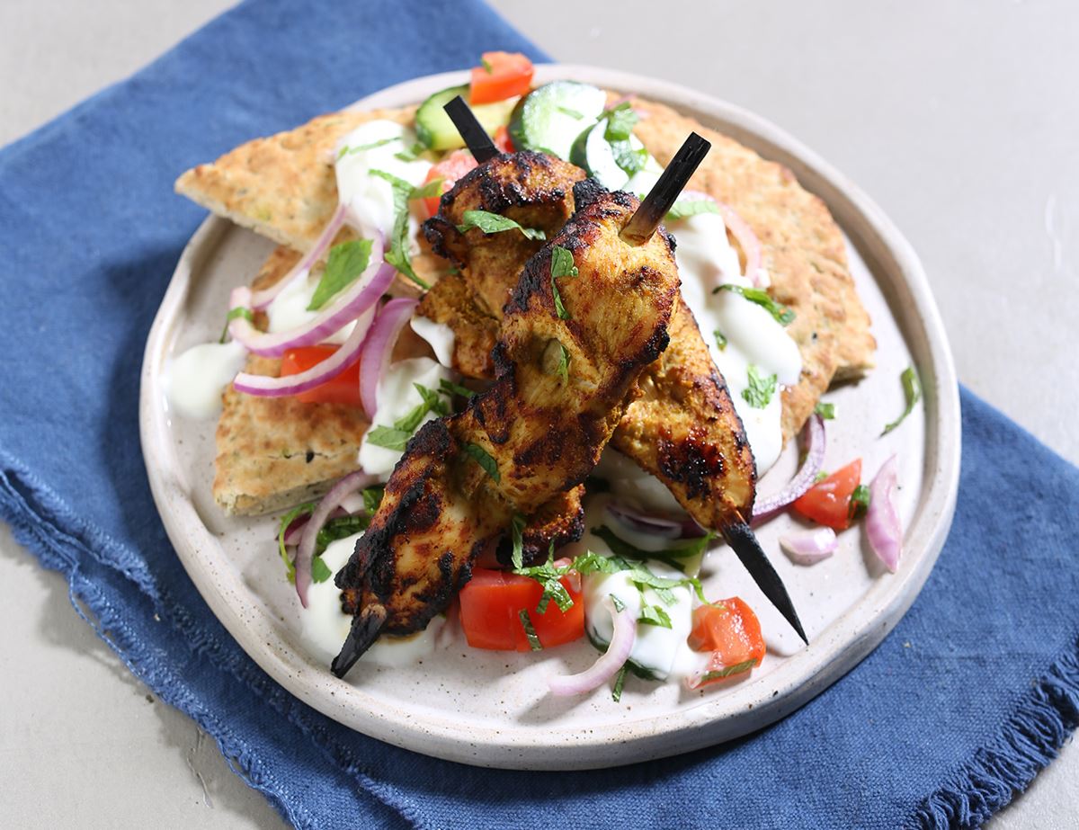 Chicken Tikka Skewers with Naan Breads & Yogurt