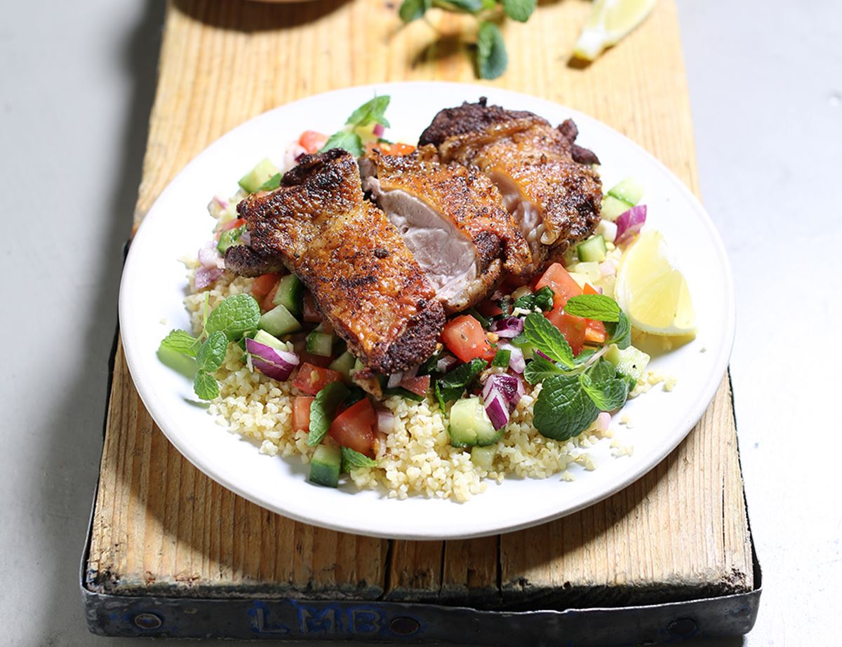 Crispy Middle Eastern Spiced Chicken with Bulgar Wheat