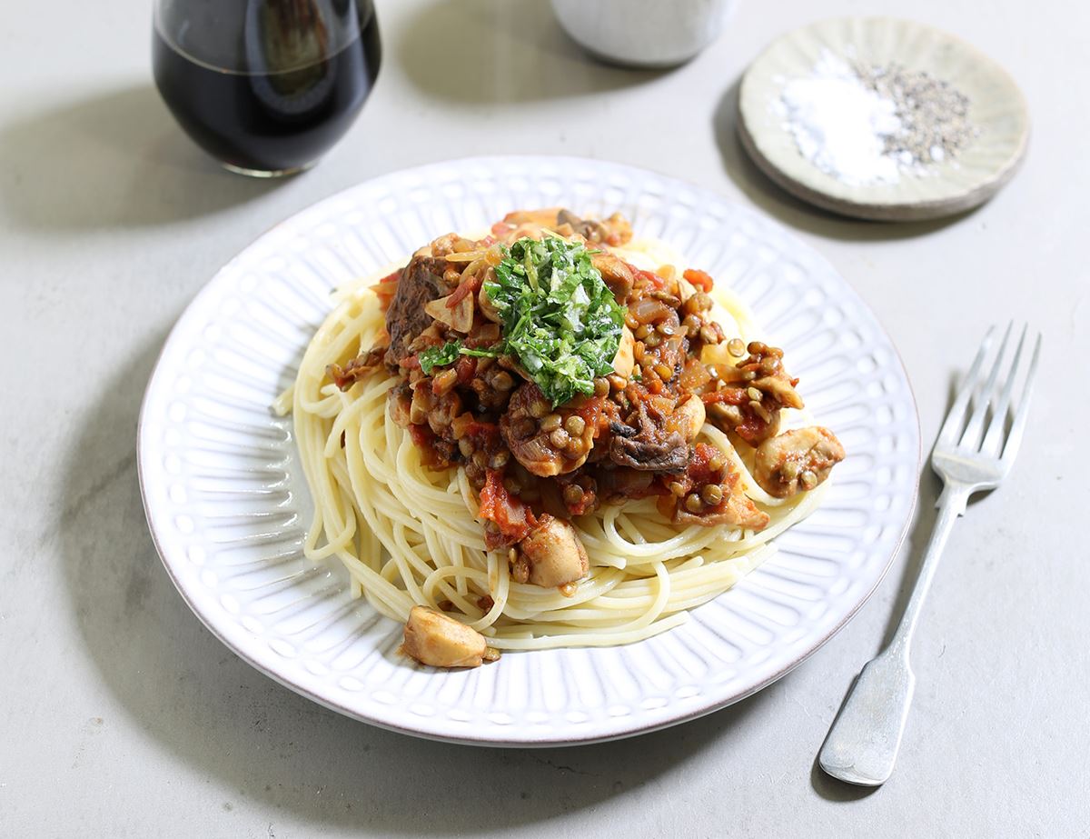 Spaghetti with Mushroom & Lentil Ragù