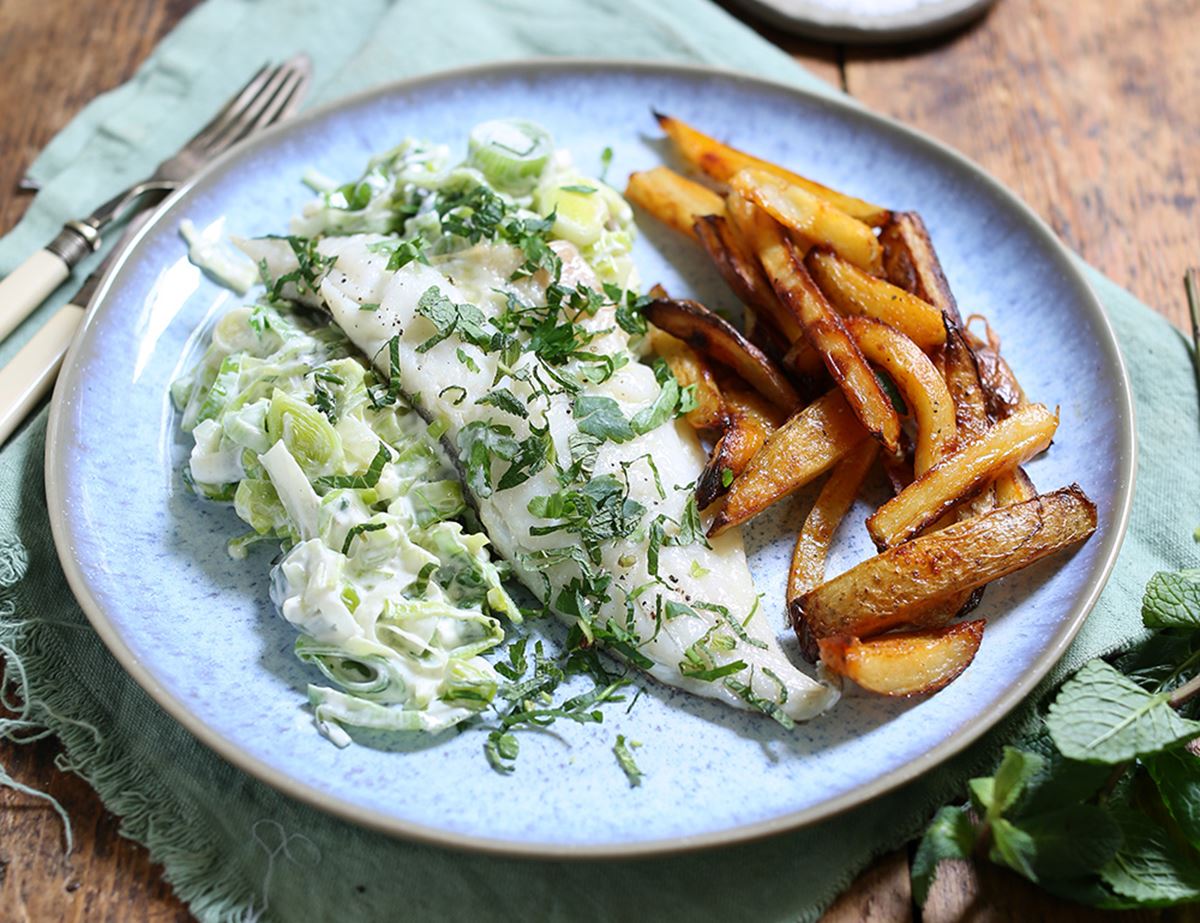 Herby Haddock & Chips with Creamed Leeks