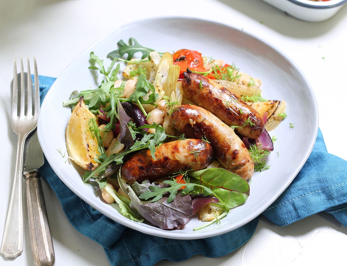 Chicken Sausage, Butter Bean & Veggie Tray Bake