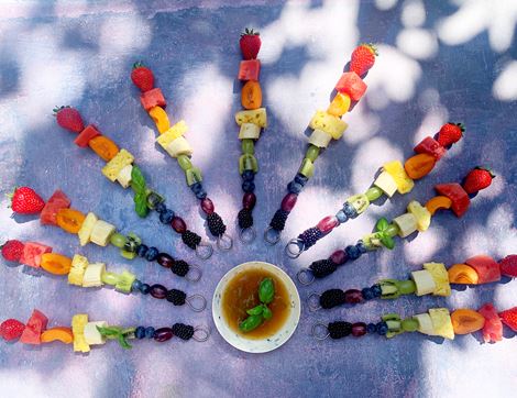 Rainbow Fruit Kebabs with Ginger & Basil Drizzle