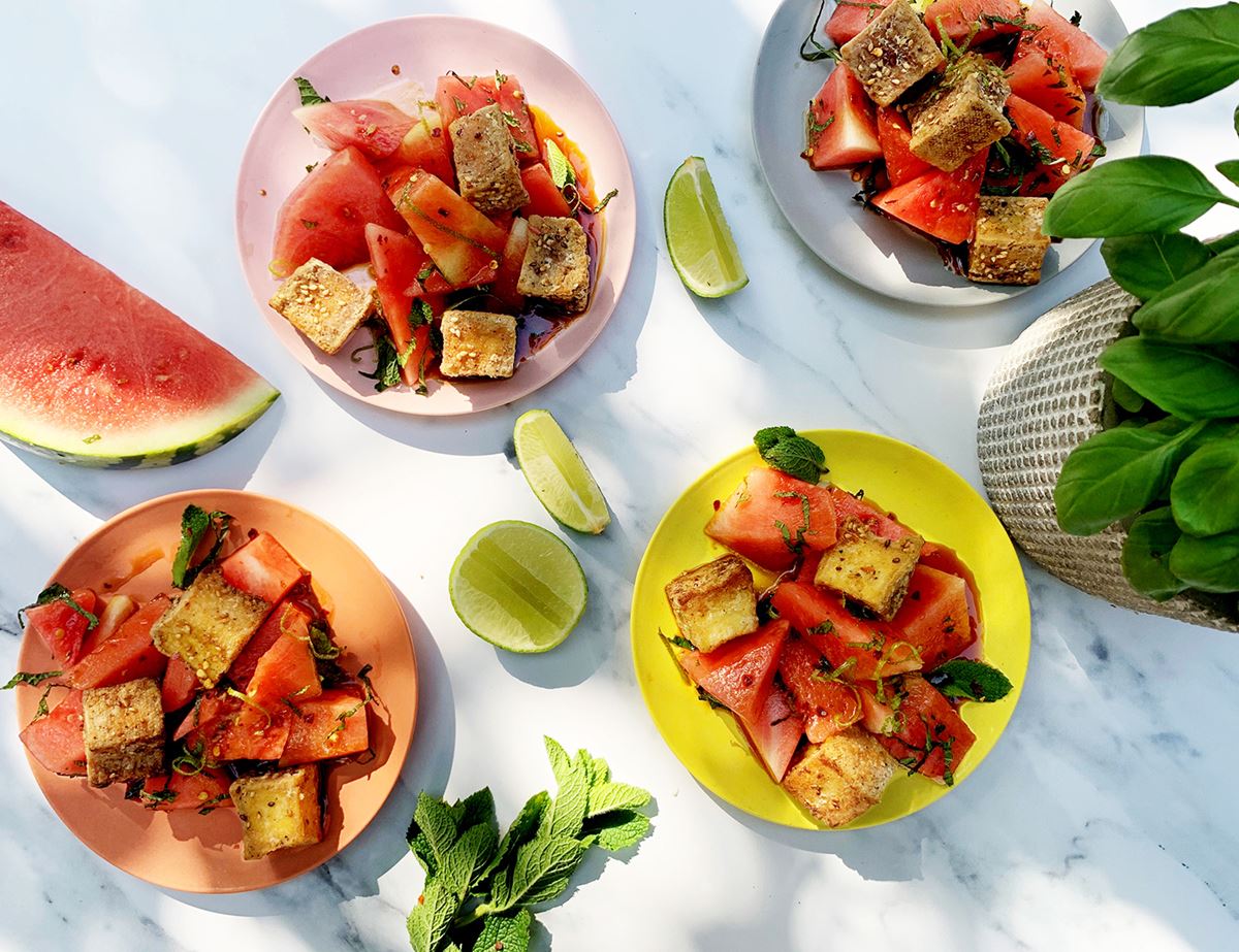 Salt & Pepper Tofu Nuggets with Hot & Sour Watermelon Salad
