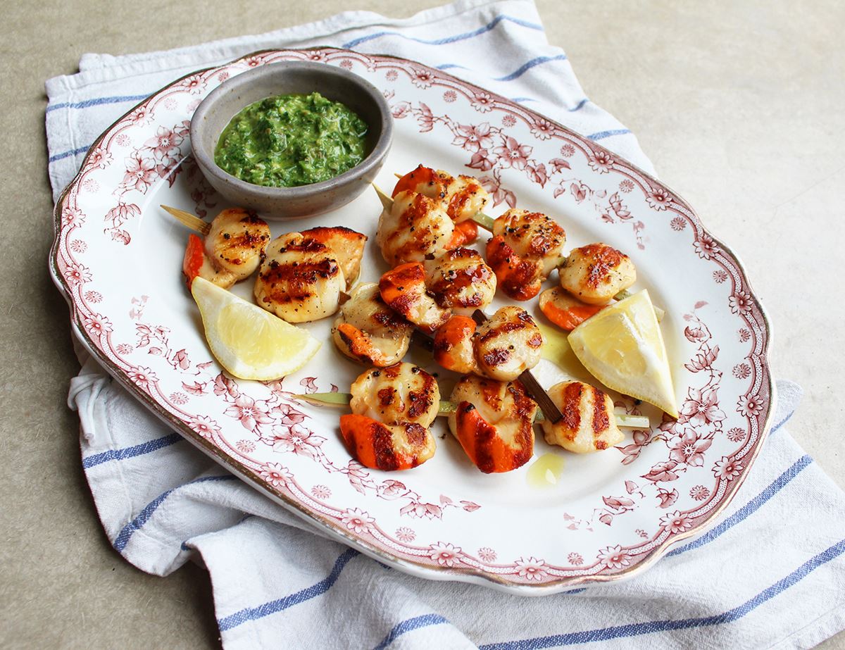 Barbecued Scallop Skewers with Salsa Verde