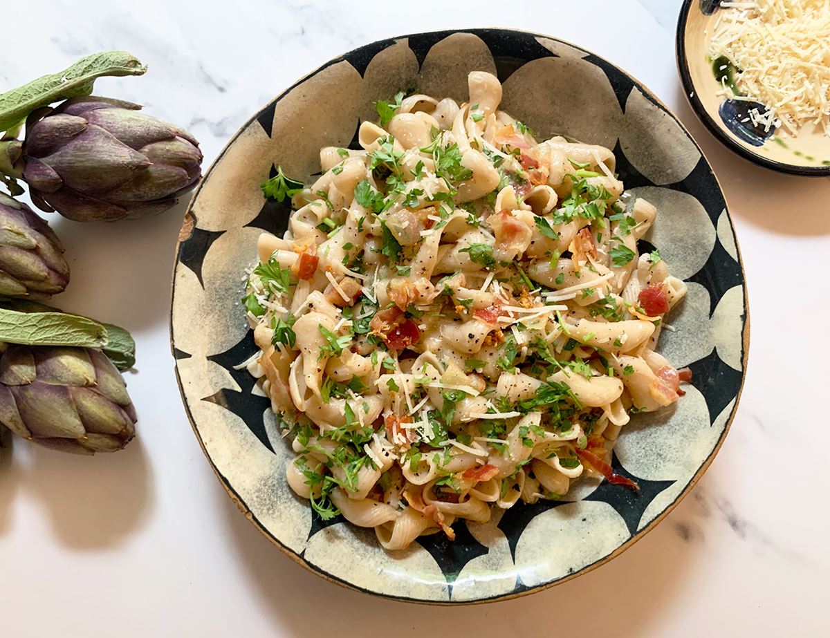 Pancetta, Creamed Artichoke & Parmesan Spelt Pasta