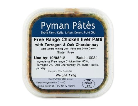 Free Range Chicken Liver Pâté with Tarragon & Oaked Chardonnay, Pyman Pâtés (125g)