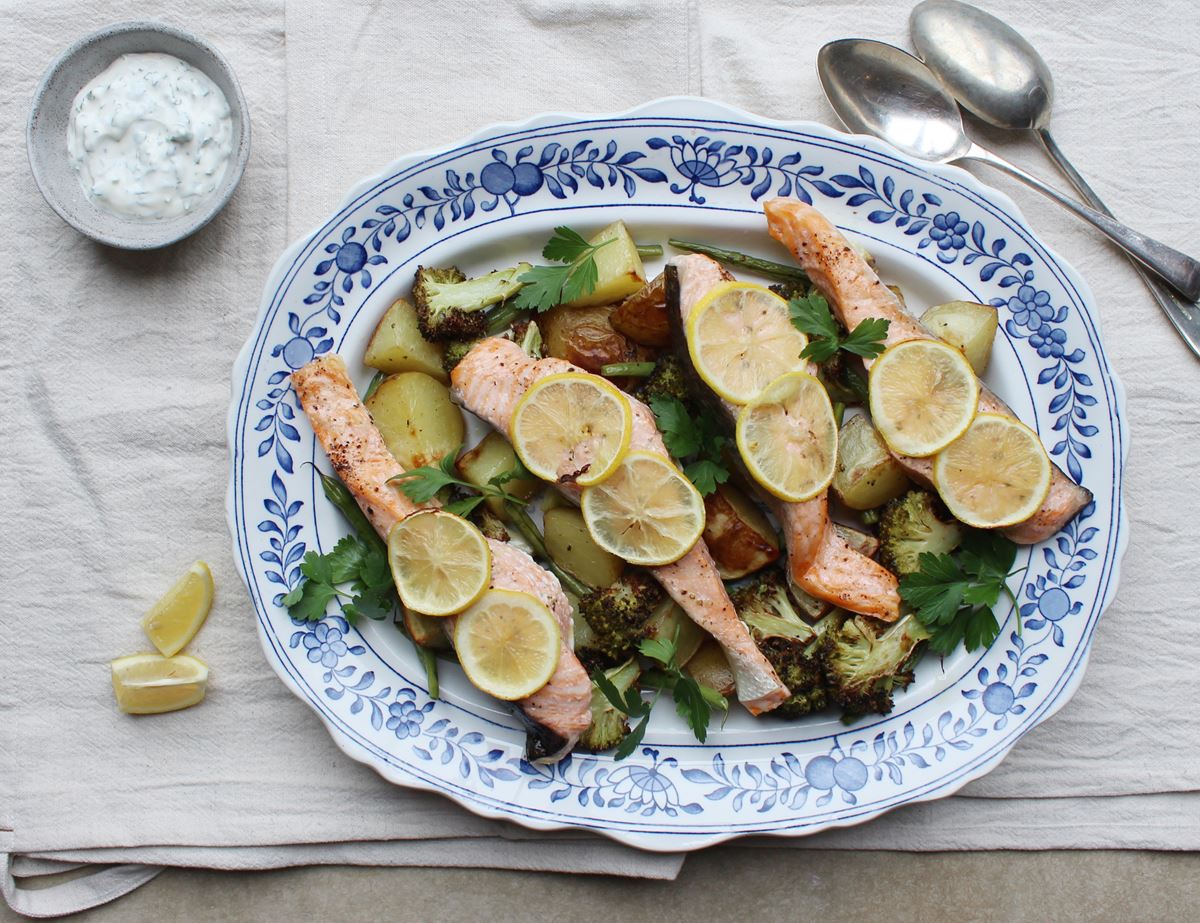 One Pan Salmon & Veggie Tray Bake with Lemon & Herb Crème Fraîche