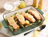 One Pan Salmon & Veggie Tray Bake with Lemon & Herb Crème Fraîche